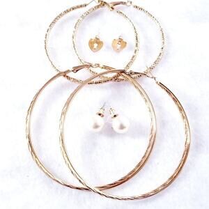 4 Sets of Gold Tone Women's Pierced Earrings Hoops Studs